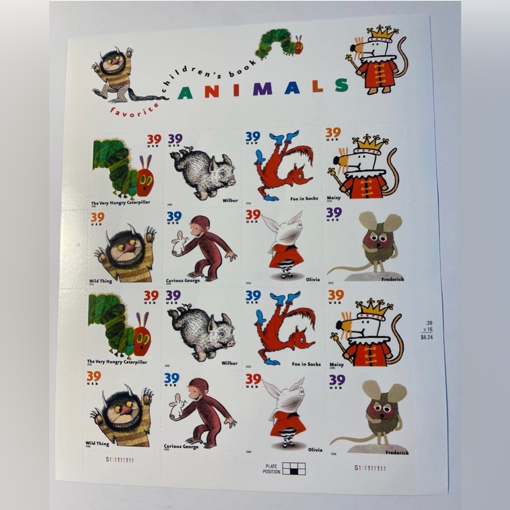 2006 Favorite Children’s Book Animals Stamp Sheet .39 Stamps  (16), MNH